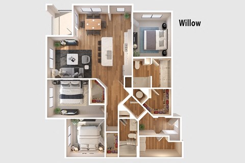 A three-bedroom, two-bathroom 3D floor plan in Willow, St. Johns, Florida